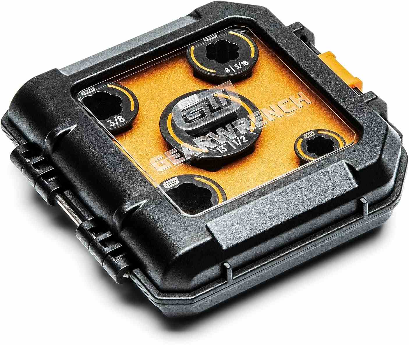 A high-angle view of the GEARWRENCH Bolt Biter wrench insert set securely organized in its durable injection-molded carrying case with a clear lid for easy tool identification.