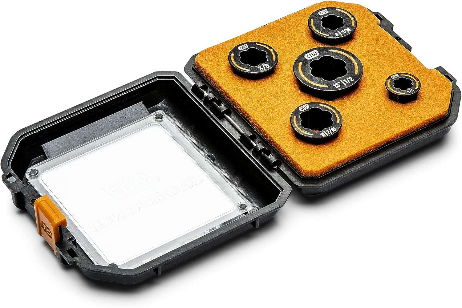 An open view of the Bolt Biter carrying case featuring the 5-piece SAE extraction set embedded in protective foam, highlighting the compact and portable design for professional mechanics.