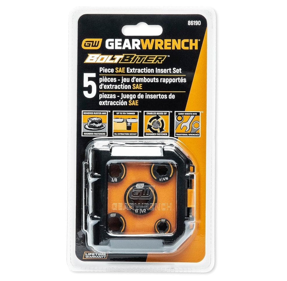 The professional retail carded packaging for the GEARWRENCH 86190 Bolt Biter set, identifying it as a 5-piece SAE extraction insert set that removes rusted and rounded fasteners while being 70 percent thinner than standard sockets.