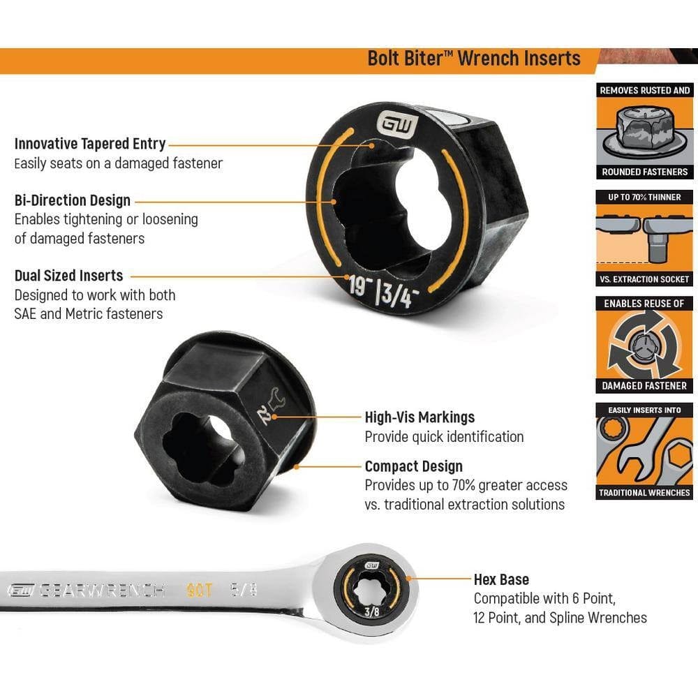 An informative product graphic for the Bolt Biter wrench inserts highlighting key technical features: the innovative tapered entry, bi-direction design, magnetic retention, and compact profile for 70 percent greater access.
