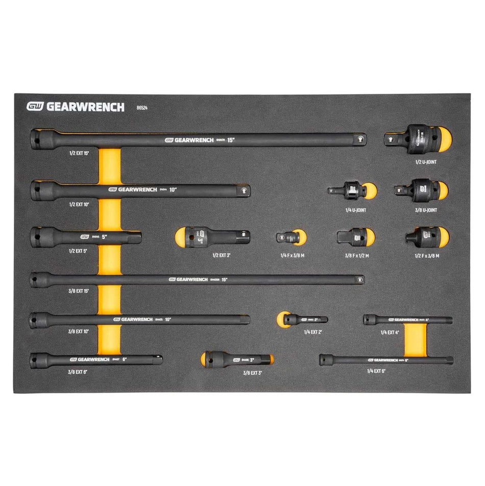 A top-down view of the GEARWRENCH 86524 17-piece impact accessory set organized in a black and orange EVA foam tray, featuring a comprehensive collection of 1/4 inch, 3/8 inch, and 1/2 inch drive impact extensions, universal joints, and adapters.