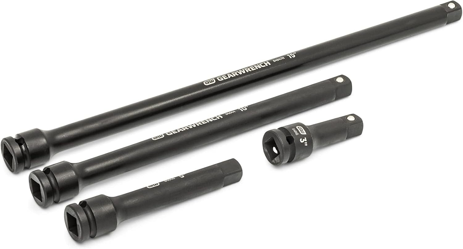 An angled studio shot of GEARWRENCH 1/2 inch drive impact extensions in various lengths, demonstrating the industrial strength and high-visibility laser-etched branding for rapid tool identification.