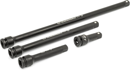 An angled studio shot of GEARWRENCH 1/2 inch drive impact extensions in various lengths, demonstrating the industrial strength and high-visibility laser-etched branding for rapid tool identification.