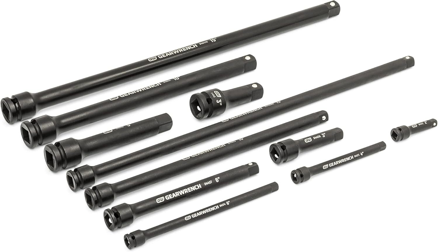 A perspective view of the full range of GEARWRENCH impact accessories from the 86524 set, including long reach extension bars and flexible universal joints for professional mechanics.