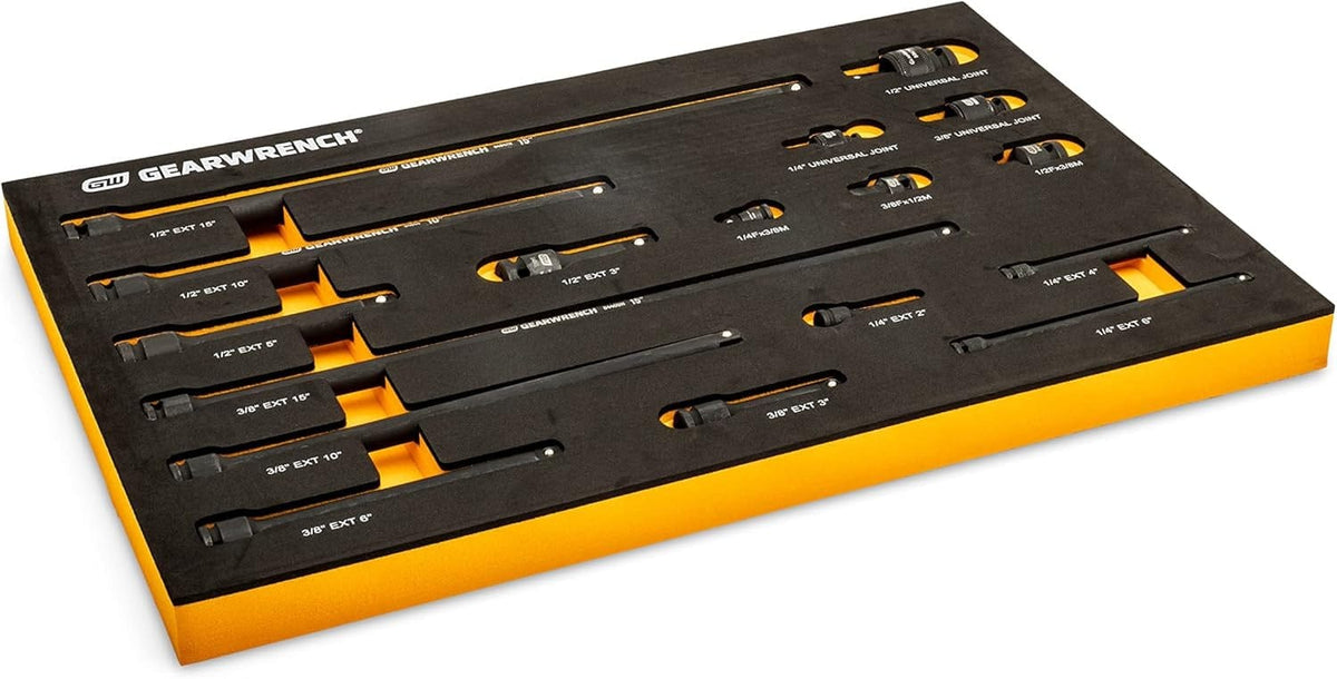 A high-angle view of the organized GEARWRENCH EVA foam tray showing the precise cutouts and high-contrast orange layer for easy identification of missing impact tools.