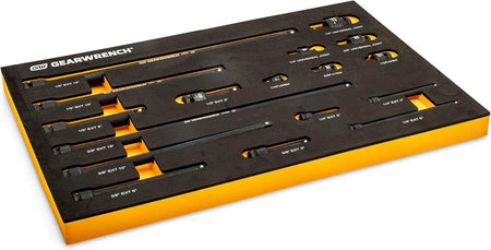 A high-angle view of the organized GEARWRENCH EVA foam tray showing the precise cutouts and high-contrast orange layer for easy identification of missing impact tools.