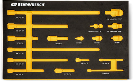 A direct overhead view of the empty GEARWRENCH 86524 EVA foam storage tray, displaying the customized layout for 17 specific impact adapters, extensions, and joints.