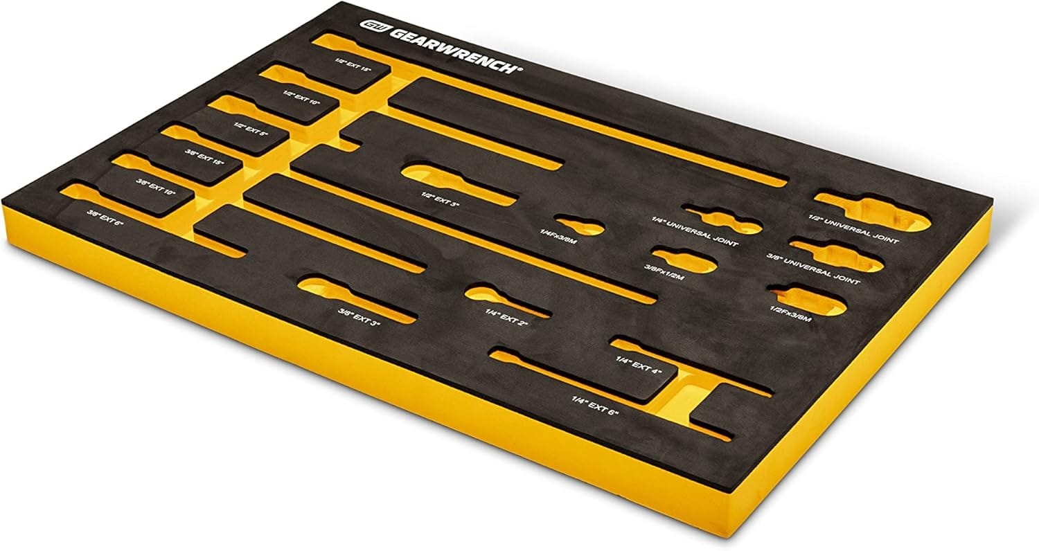 An angled perspective of the empty modular EVA foam tray for the GEARWRENCH 17-piece impact set, showcasing the durable dual-color foam construction.