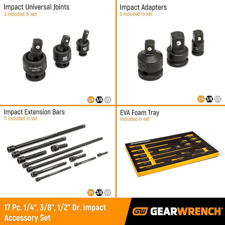 An informational marketing graphic for the GEARWRENCH 17-piece impact accessory set highlighting the inclusion of 3 impact universal joints, 3 impact adapters, 11 impact extension bars, and the professional EVA foam storage tray.