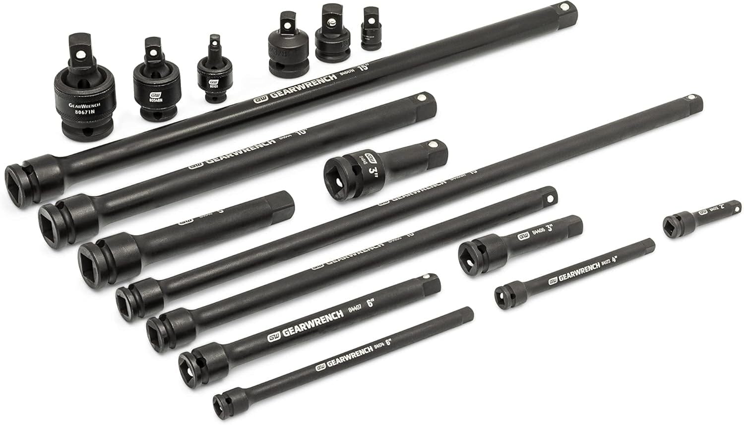 A perspective studio shot of the full GEARWRENCH 86524 set contents laid out on a white surface, showcasing the heavy-duty chrome molybdenum steel construction and manganese phosphate finish of the impact extensions and adapters.