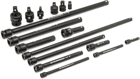 A perspective studio shot of the full GEARWRENCH 86524 set contents laid out on a white surface, showcasing the heavy-duty chrome molybdenum steel construction and manganese phosphate finish of the impact extensions and adapters.