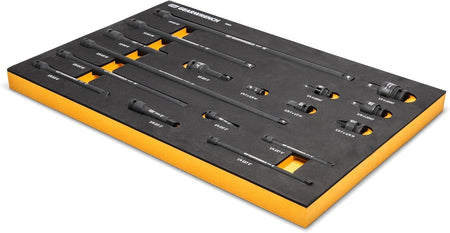 An angled view of the GEARWRENCH modular impact accessory set in its custom-cut EVA foam tray, demonstrating the high-visibility size markings and protective organization for professional tool storage systems.