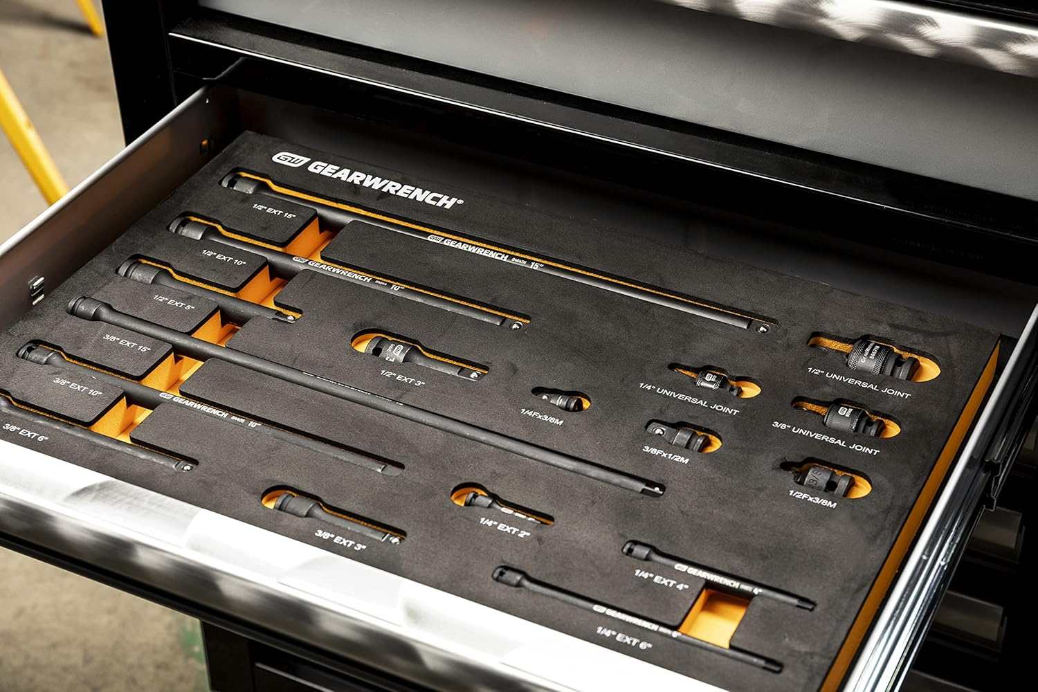 The GEARWRENCH 86524 impact accessory modular set stored inside a professional tool chest drawer, illustrating how the solvent-resistant foam tray provides a perfect fit for organized workshop productivity.