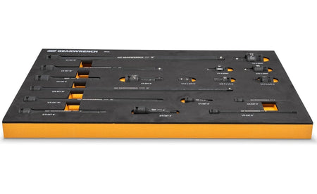 A side-profile view of the GEARWRENCH EVA foam storage tray highlighting its dual-layer orange and black design and standard large footprint of 20.25 inches by 13.5 inches for universal tool box compatibility.