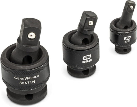 A detailed view of three GEARWRENCH impact universal joints in 1/4 inch, 3/8 inch, and 1/2 inch drive sizes, highlighting their flexible design for accessing stubborn fasteners in tight confines.