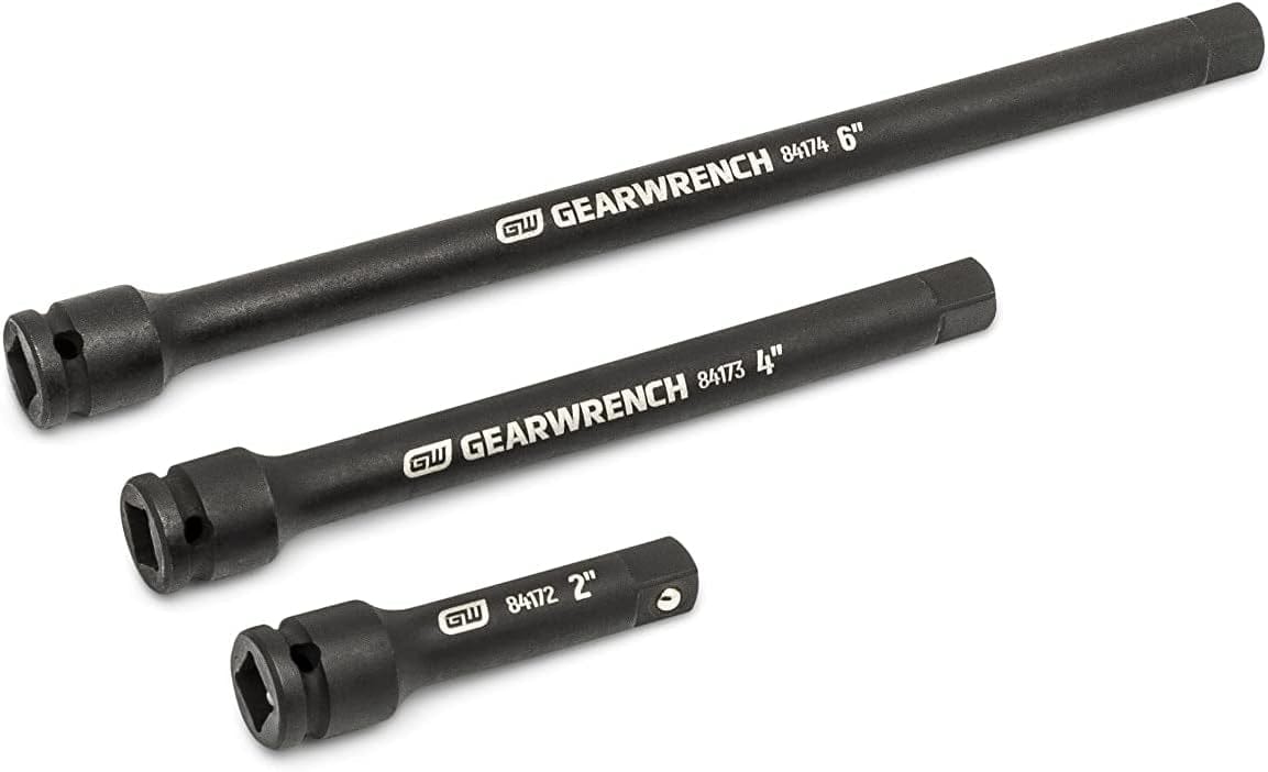 A close-up of three GEARWRENCH 1/4 inch drive impact extension bars in 2-inch, 4-inch, and 6-inch lengths, showcasing the durable Cr-Mo alloy steel and professional manganese phosphate coating.