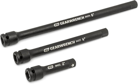A close-up of three GEARWRENCH 1/4 inch drive impact extension bars in 2-inch, 4-inch, and 6-inch lengths, showcasing the durable Cr-Mo alloy steel and professional manganese phosphate coating.