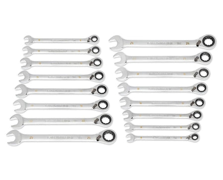 A full studio shot of the GEARWRENCH 86629 16-piece metric reversible ratcheting wrench set featuring high-strength alloy steel construction and a full polish chrome finish for professional automotive use.