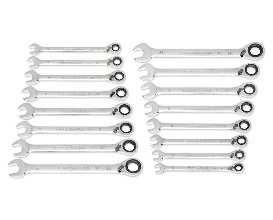 A full studio shot of the GEARWRENCH 86629 16-piece metric reversible ratcheting wrench set featuring high-strength alloy steel construction and a full polish chrome finish for professional automotive use.