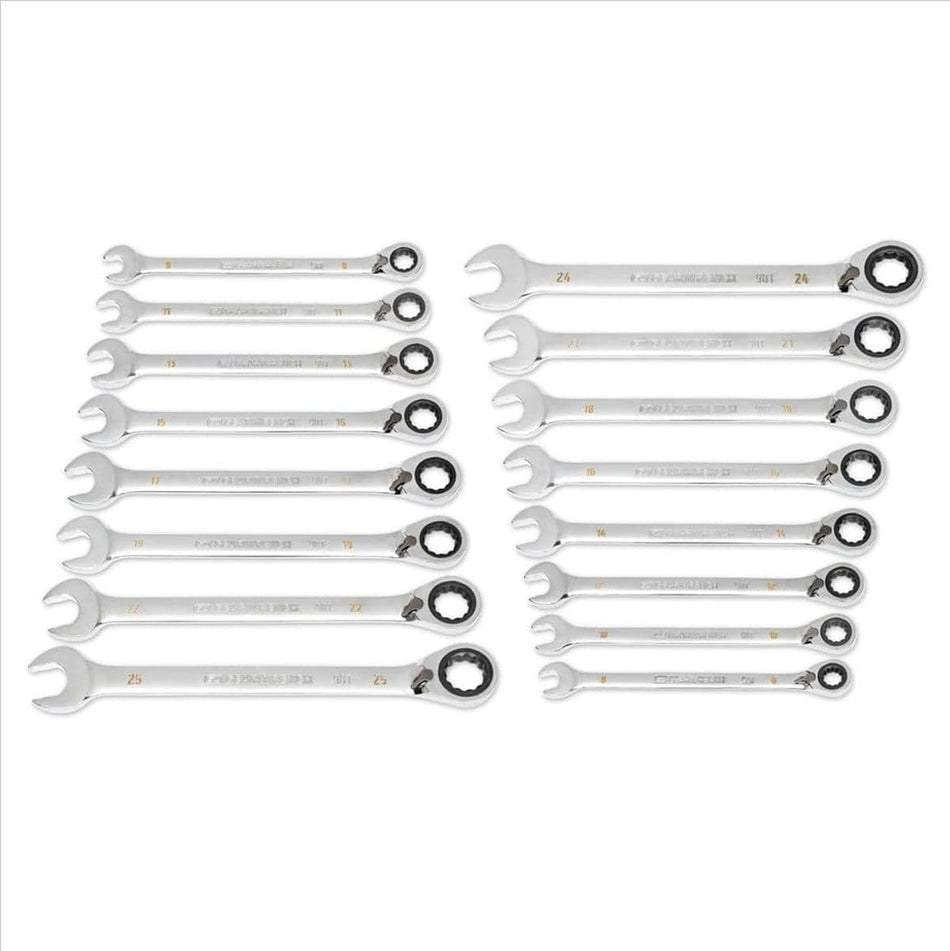 A full studio shot of the GEARWRENCH 86629 16-piece metric reversible ratcheting wrench set featuring high-strength alloy steel construction and a full polish chrome finish for professional automotive use.