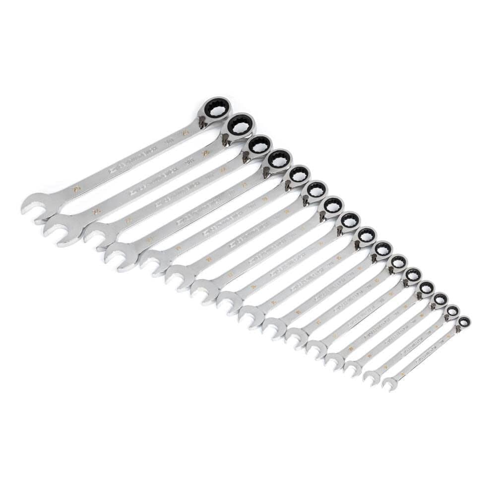 An angled perspective of the 16-piece GEARWRENCH combination ratcheting wrench set highlighting the 12-point box ends and the variety of metric sizes from 8mm to 25mm.
