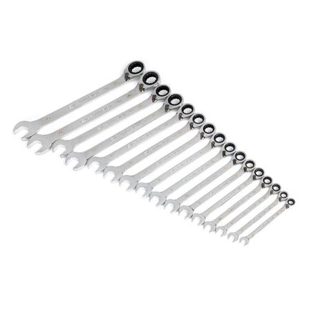 An angled perspective of the 16-piece GEARWRENCH combination ratcheting wrench set highlighting the 12-point box ends and the variety of metric sizes from 8mm to 25mm.