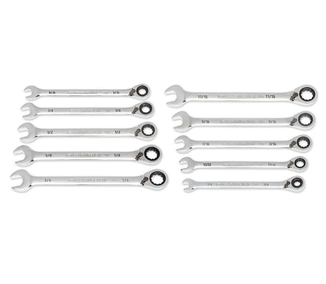 A full studio shot of the GEARWRENCH 86658 10-piece SAE reversible ratcheting wrench set featuring high-strength alloy steel construction and a full polish chrome finish for professional automotive and industrial use.
