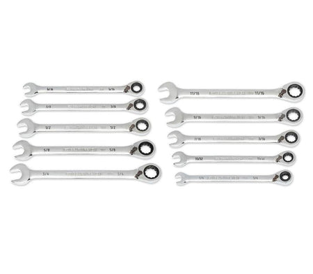 A full studio shot of the GEARWRENCH 86658 10-piece SAE reversible ratcheting wrench set featuring high-strength alloy steel construction and a full polish chrome finish for professional automotive and industrial use.
