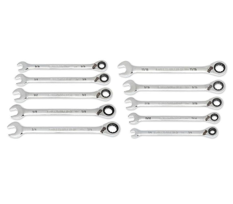 A full studio shot of the GEARWRENCH 86658 10-piece SAE reversible ratcheting wrench set featuring high-strength alloy steel construction and a full polish chrome finish for professional automotive and industrial use.