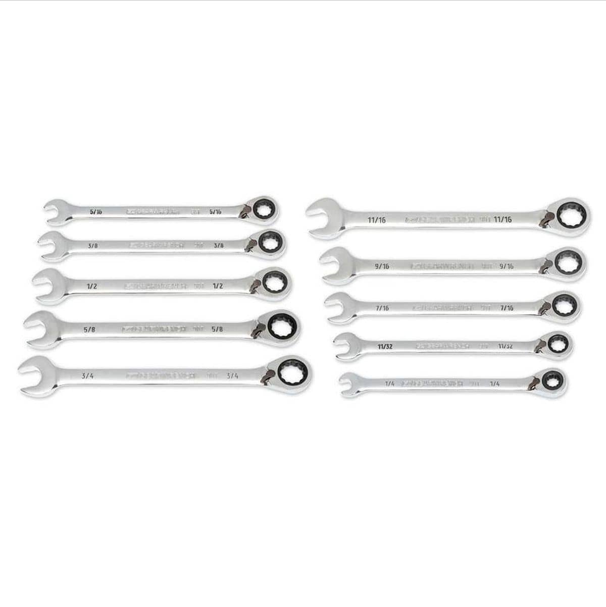 A full studio shot of the GEARWRENCH 86658 10-piece SAE reversible ratcheting wrench set featuring high-strength alloy steel construction and a full polish chrome finish for professional automotive and industrial use.