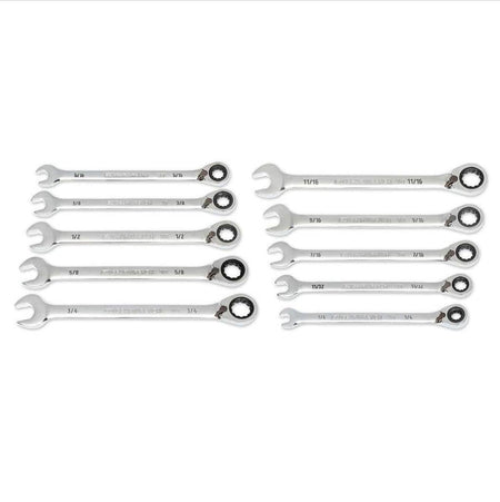 A full studio shot of the GEARWRENCH 86658 10-piece SAE reversible ratcheting wrench set featuring high-strength alloy steel construction and a full polish chrome finish for professional automotive and industrial use.
