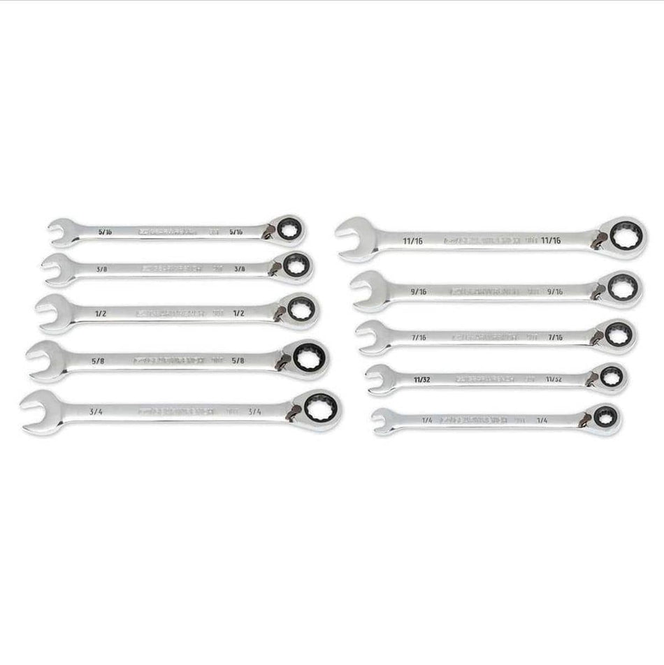 A full studio shot of the GEARWRENCH 86658 10-piece SAE reversible ratcheting wrench set featuring high-strength alloy steel construction and a full polish chrome finish for professional automotive and industrial use.
