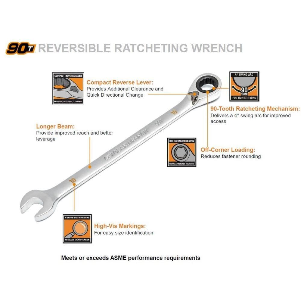 An informational graphic of the GEARWRENCH 90-tooth reversible ratcheting wrench highlighting key features including the compact reverse lever, longer beam for better leverage, off-corner loading to reduce rounding, and high-visibility size markings.