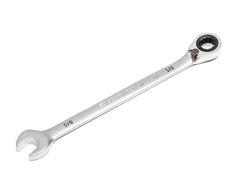 A perspective studio view of a single 3/8 inch GEARWRENCH professional combination wrench showcasing the 12-point ratcheting box end, standard open end, and mirror-like full polish chrome finish.