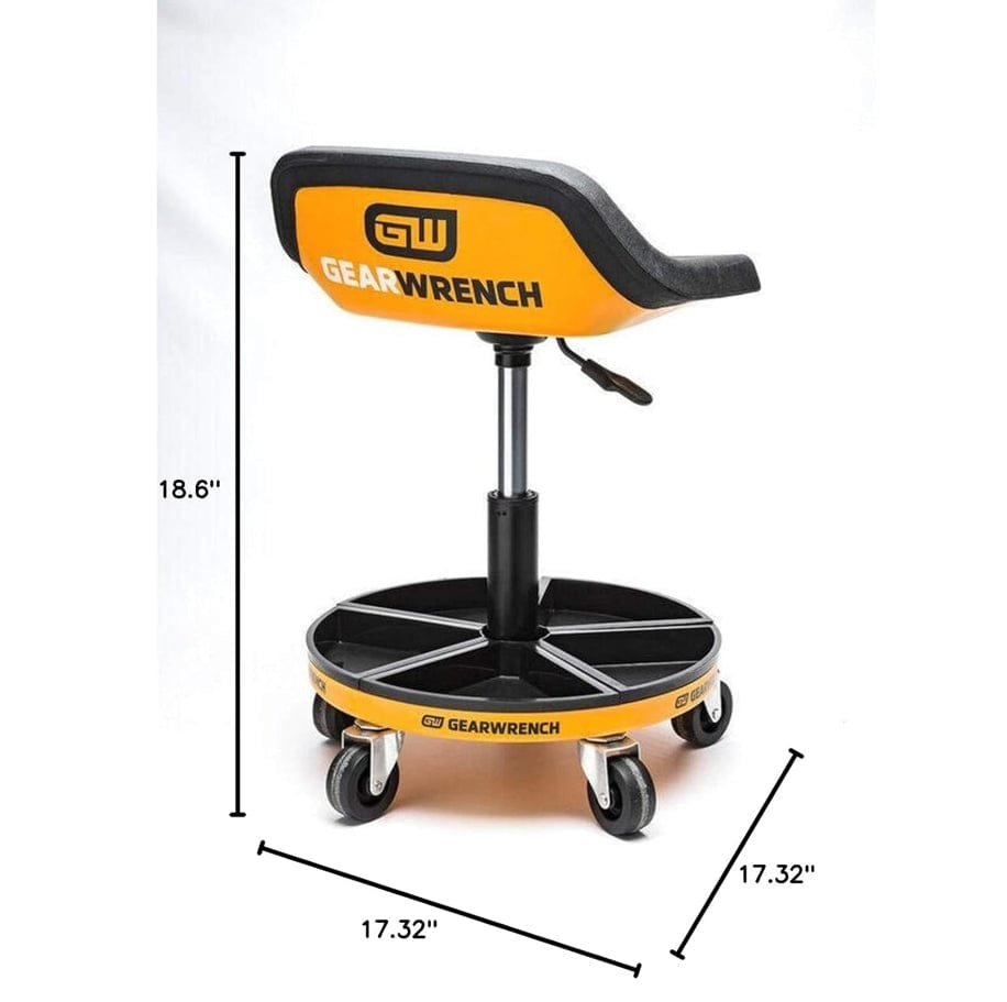 A technical diagram of the GEARWRENCH rolling shop stool showing a maximum seated height of 18.6 inches and a base width of 17.32 inches, highlighting the professional molten orange and black color scheme.