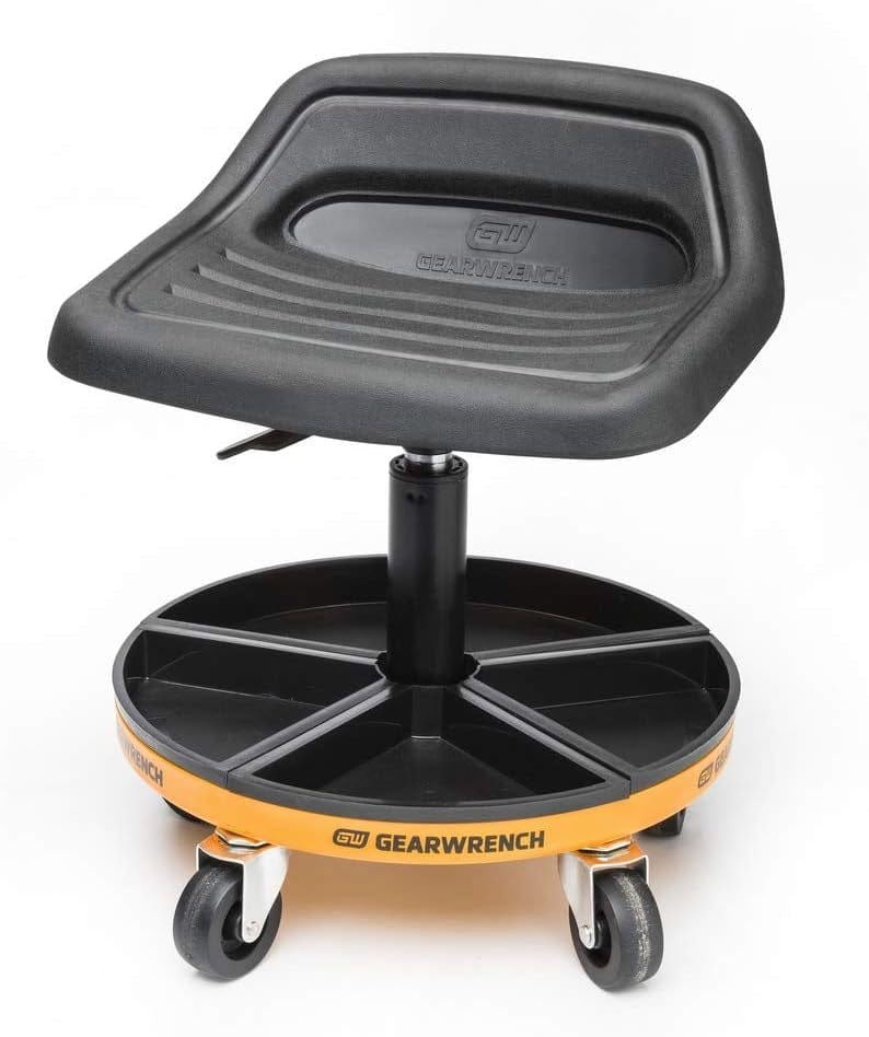 A high-angle studio shot of the GEARWRENCH adjustable mechanics seat showcasing the ergonomic contoured rubber seat and the 360-degree swivel base designed for maximum mobility in a workshop.