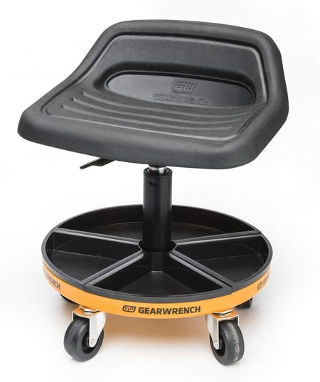 A high-angle studio shot of the GEARWRENCH adjustable mechanics seat showcasing the ergonomic contoured rubber seat and the 360-degree swivel base designed for maximum mobility in a workshop.