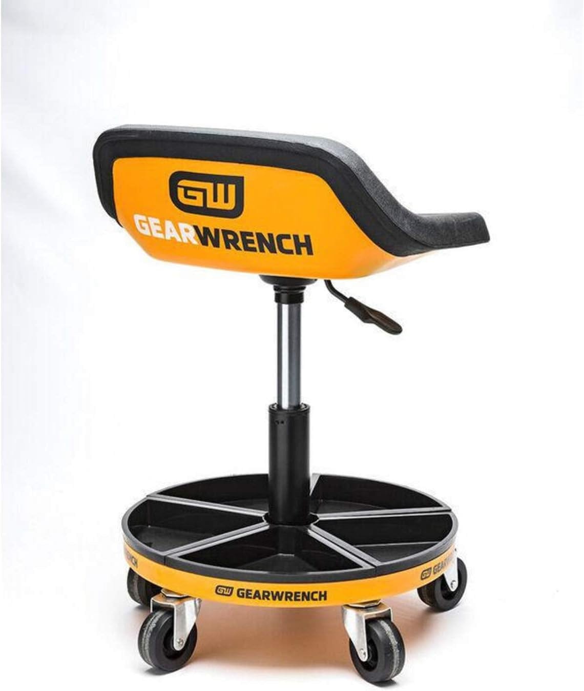 A rear perspective of the GEARWRENCH rolling shop stool highlighting the bold brand logo on the molten orange seat back and the easy-access height adjustment lever located under the seat.