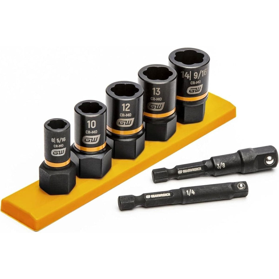 GEARWRENCH 87911 Bolt Biter 7-piece metric impact extraction socket set on a yellow rail, featuring five black oxide sockets and two impact adapters for removing damaged fasteners.