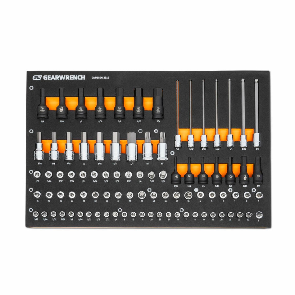GEARWRENCH tool set in foam tray with labeled rows of screwdriver bits, socket heads, and hex keys; tools feature orange and black handles for easy identification.