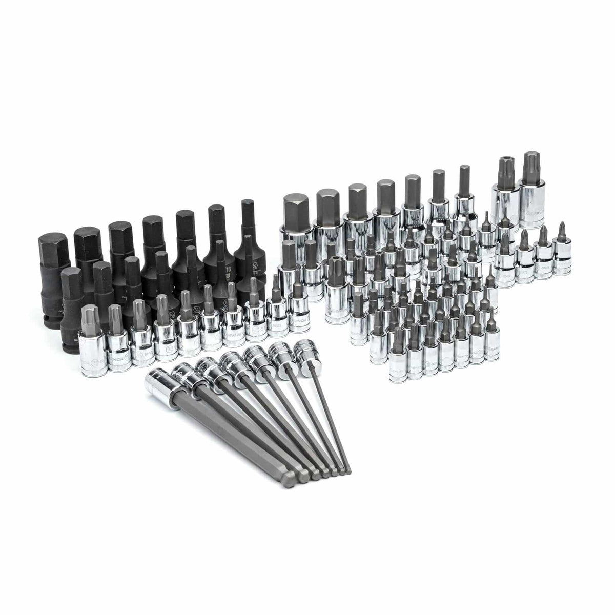 Hex, Torx, and screwdriver bit sockets arranged in rows by size and type; includes long-reach and standard bits mounted on chrome socket bases for precision mechanical work