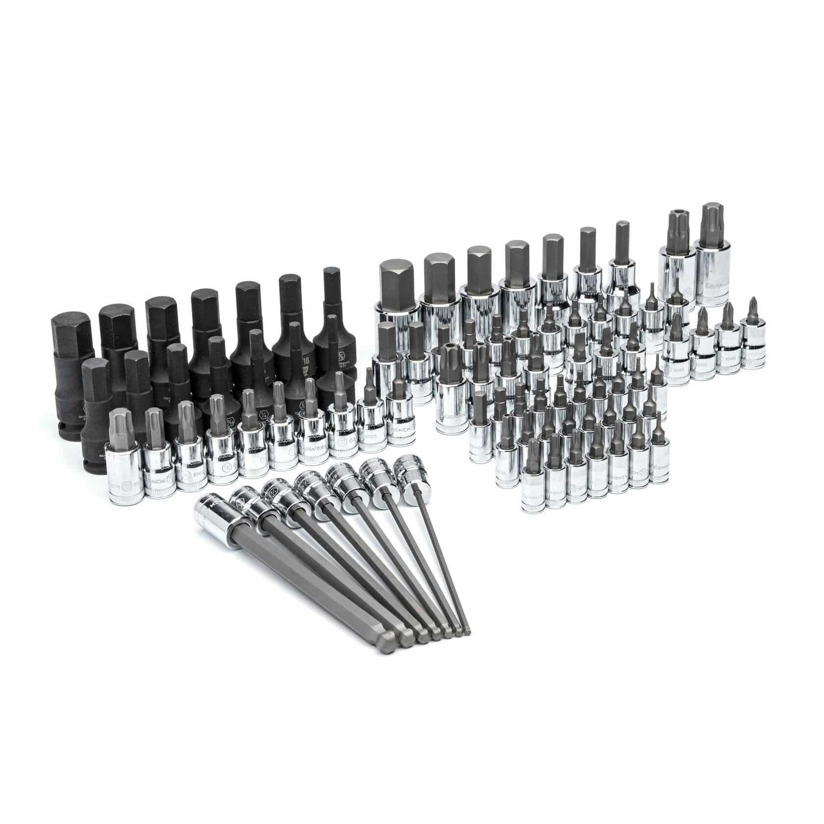 Hex, Torx, and screwdriver bit sockets arranged in rows by size and type; includes long-reach and standard bits mounted on chrome socket bases for precision mechanical work