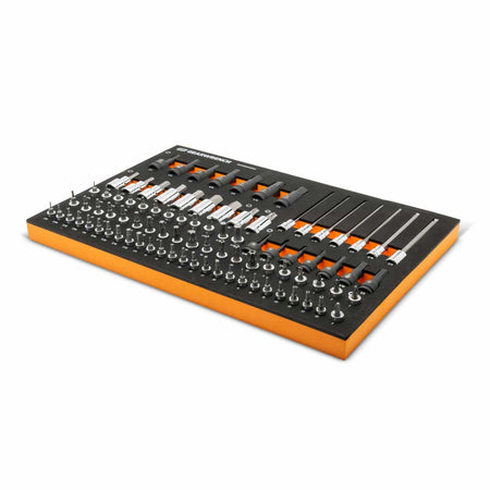 Socket and screwdriver set arranged in a foam tray with orange base; includes polished metal sockets, socket wrenches, screwdriver bits, and extension bars for professional tool organization.