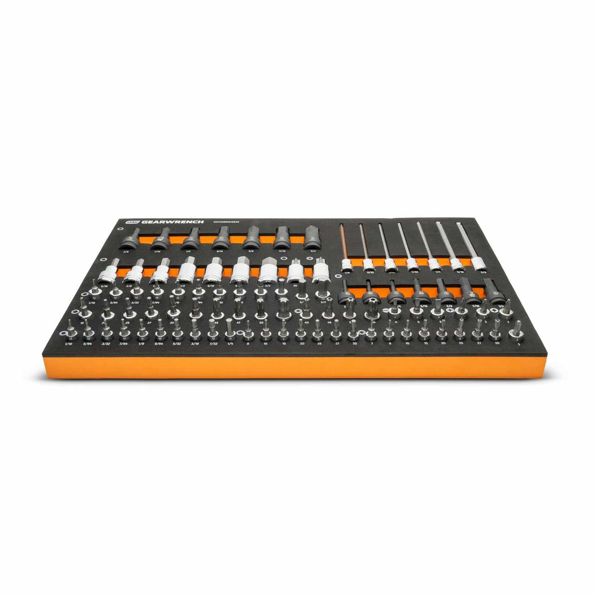 Comprehensive GEARWRENCH socket and ratchet set in black foam tray with orange edges; includes sockets, ratchets, extensions, combination wrenches, screwdriver bits, and accessories.