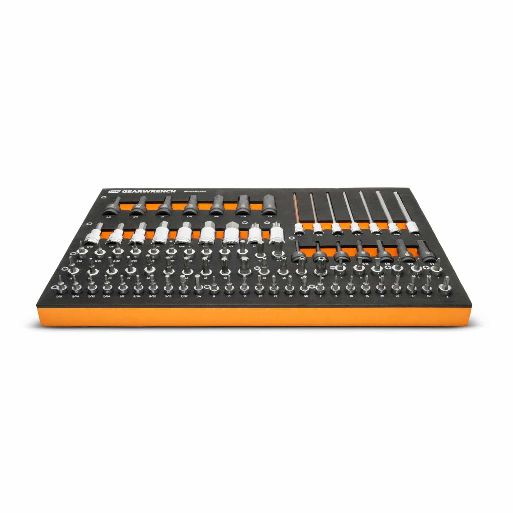 Comprehensive GEARWRENCH socket and ratchet set in black foam tray with orange edges; includes sockets, ratchets, extensions, combination wrenches, screwdriver bits, and accessories.