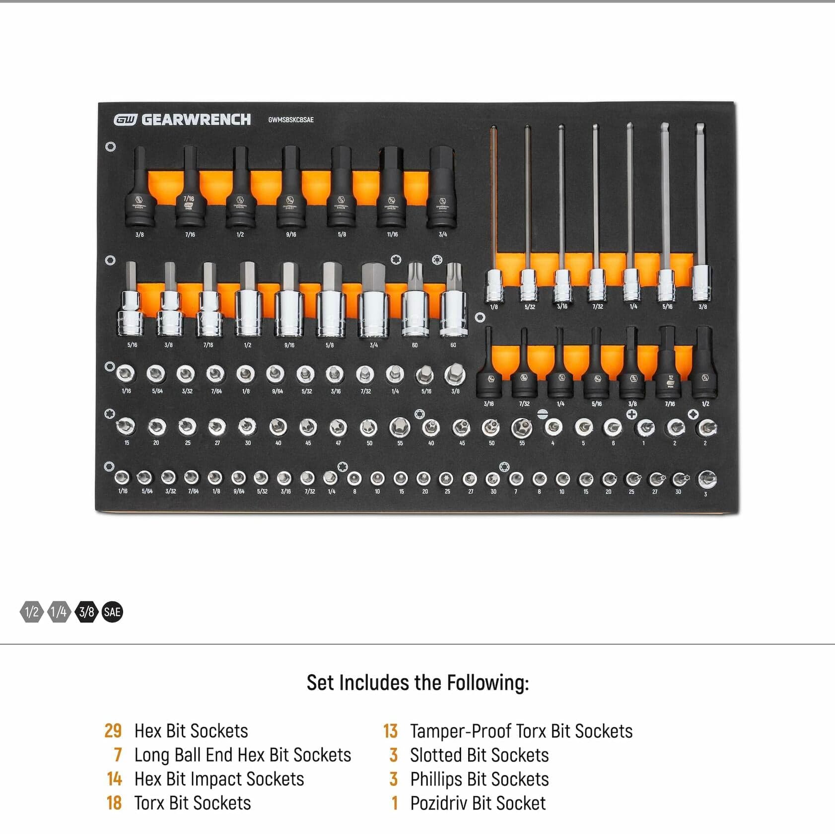 GEARWRENCH 88-piece SAE bit socket set organized in a black foam tray with labeled slots; includes hex, Torx, tamper-proof Torx, slotted, Phillips, and Pozidriv sockets with orange bases.