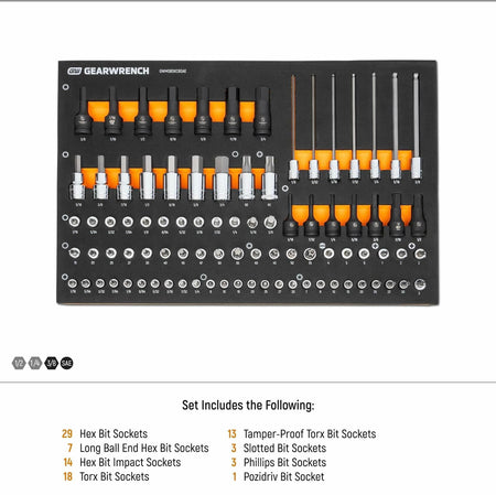 GEARWRENCH 88-piece SAE bit socket set organized in a black foam tray with labeled slots; includes hex, Torx, tamper-proof Torx, slotted, Phillips, and Pozidriv sockets with orange bases.