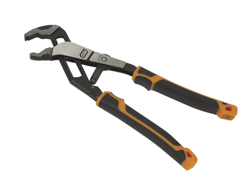 GearWRENCH tongue and groove pliers with black and orange rubberized handles and serrated jaws; slip-joint design allows adjustable grip for mechanical and plumbing tasks.