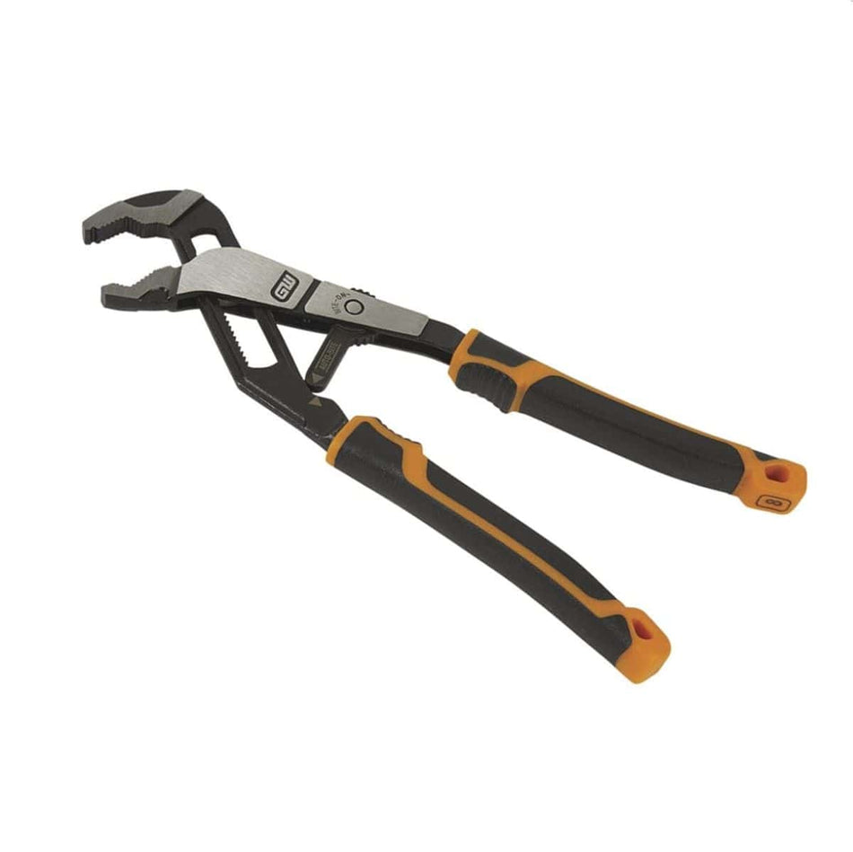 GearWRENCH tongue and groove pliers with black and orange rubberized handles and serrated jaws; slip-joint design allows adjustable grip for mechanical and plumbing tasks.