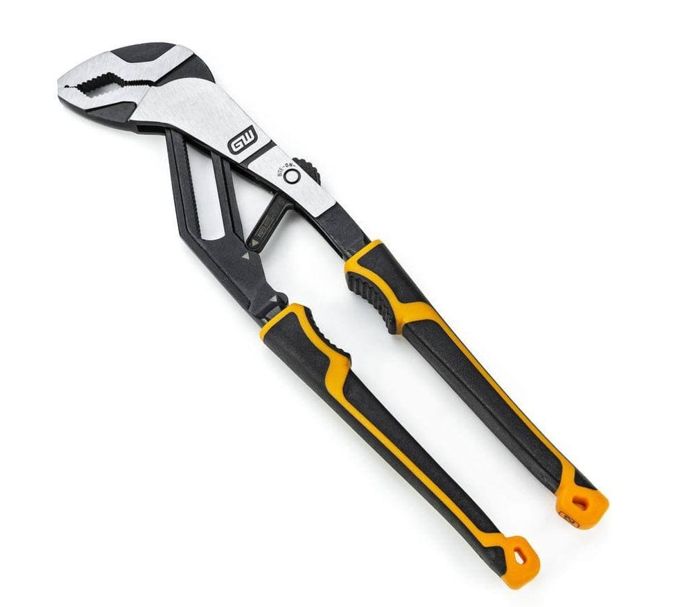 Adjustable groove joint pliers with black and yellow handles and visible ON/OFF button near pivot; designed for versatile gripping with ergonomic comfort.